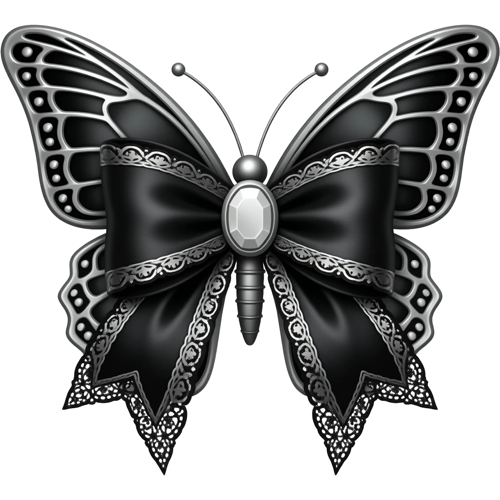 butterfly, 3D emoji gothic bow, black velvet, silver filigree, black lace trim, white gem, elegant emoji