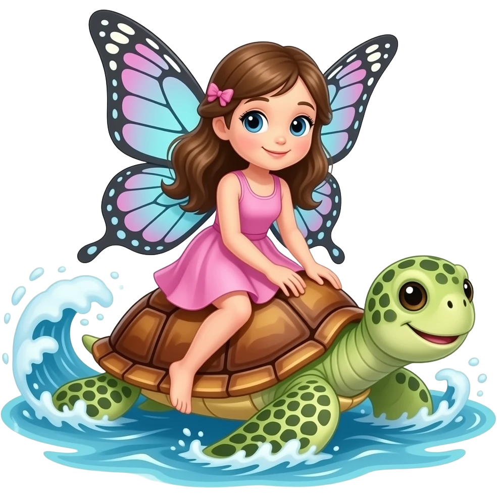 Cute fairy with butterfly wings riding a smiling sea turtle through ocean waves, wearing a pink dress, pastel fantasy illustration emoji