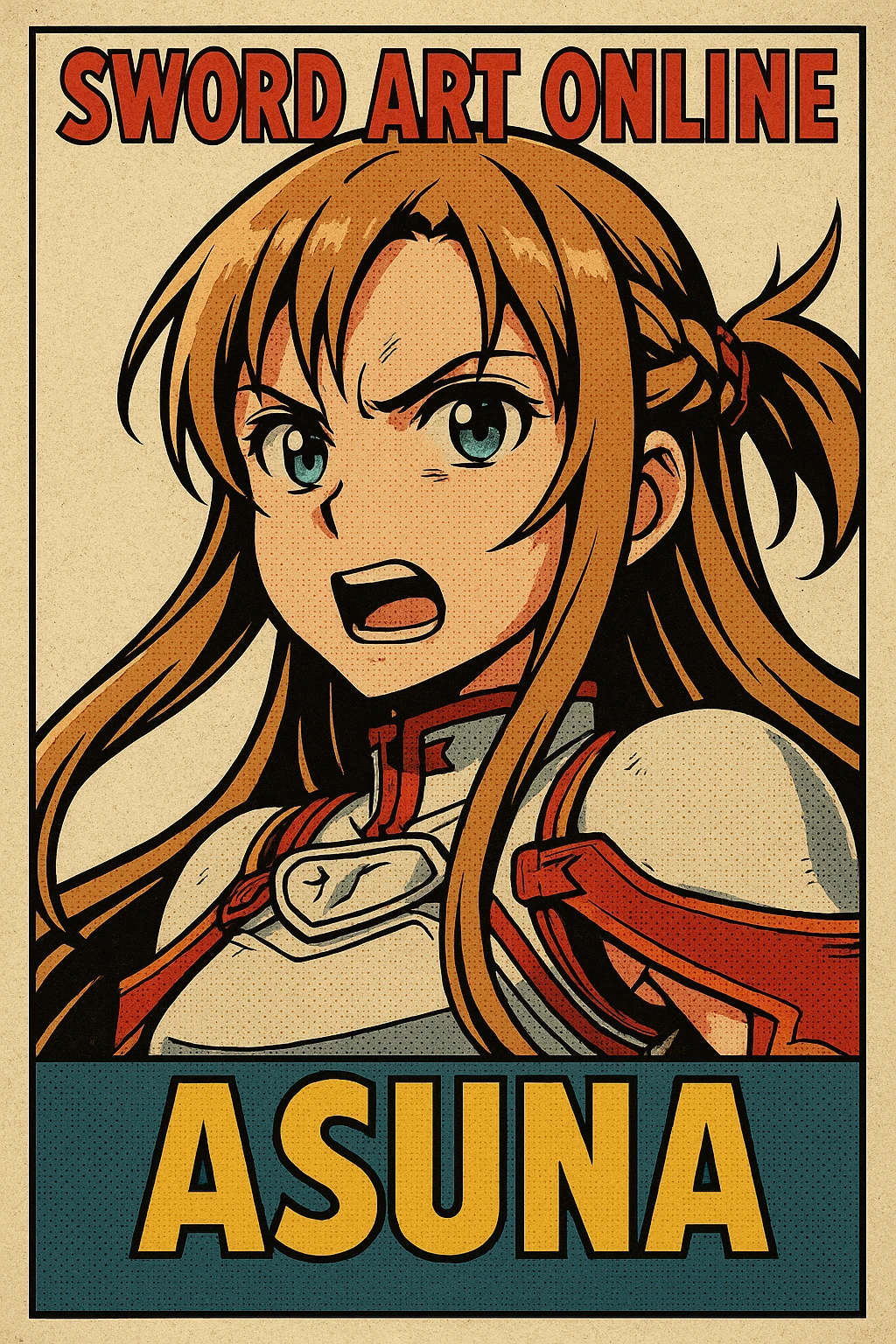 Sticker of Asuna from Sword Art Online in classic comic book style with a determined expression, inspired by the reference image. emoji