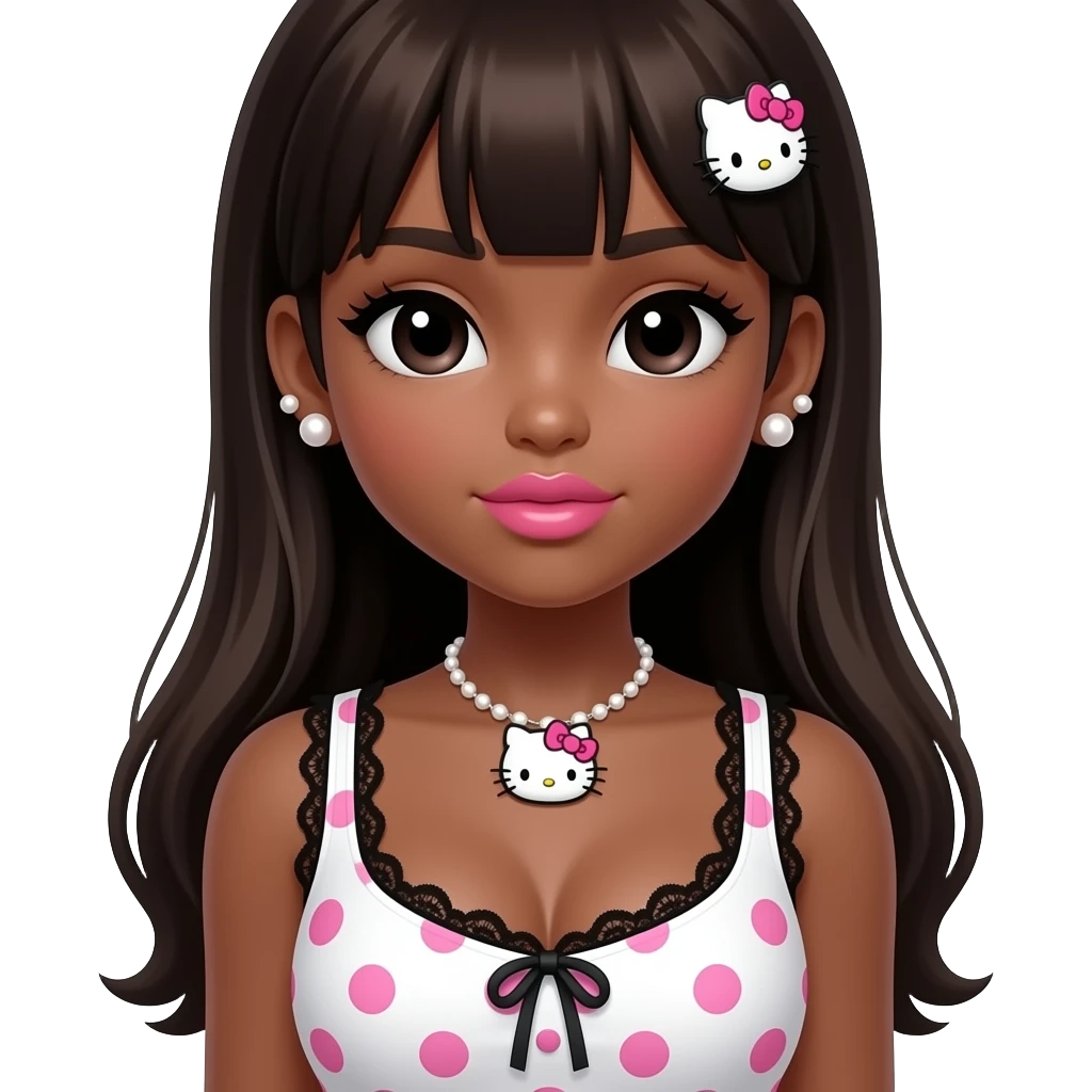 dark brown skin girl, pearl earring studs, black girl, pink lips, my melody hairclip, dark brown skin, Doll faced shaped, hello kitty necklace, bimbo, black doll eyes, Big lips, long dark brown hair, with white or black lace baby pink polka dots with gyaru sleeveless shirt, with big breast emoji