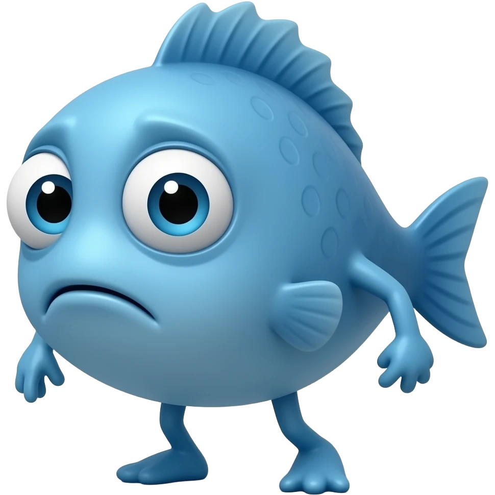 A little blue fish standing up with legs and arms, looking at us with a sad face emoji