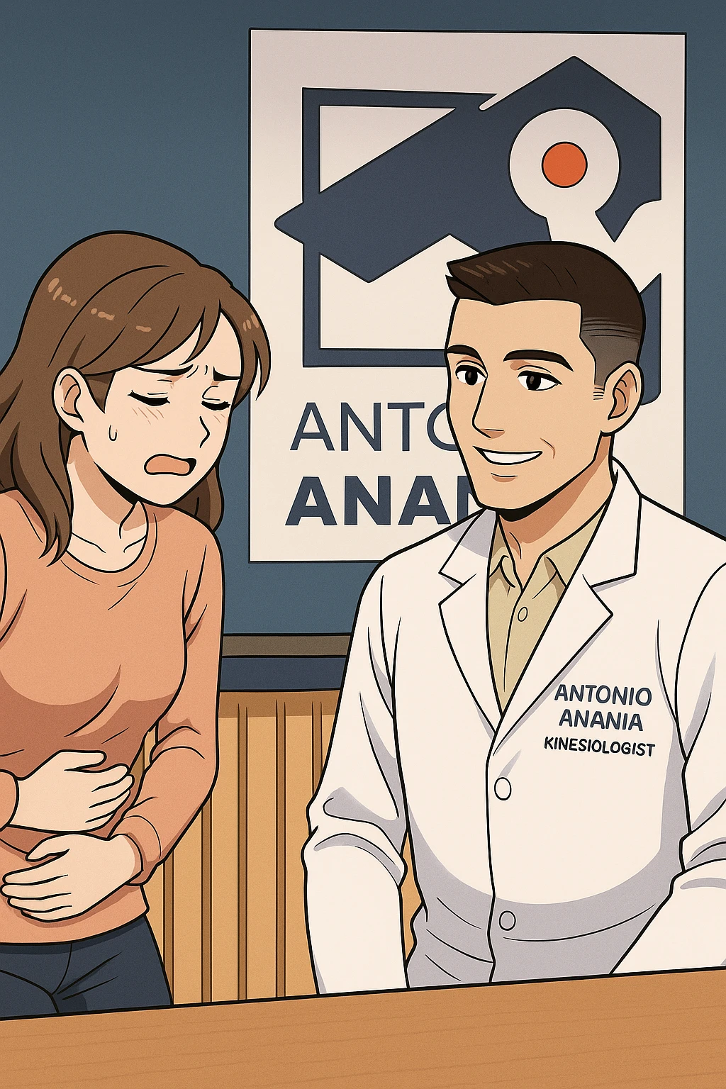 su questo stile fai un manga/webtoon a colori in cui una donna si lamenta che sta male e ha mal di pancia, l'uomo della foto in stile manga gli risponde, mantieni un ambiente simile alla foto che ho allegato con il suo logo (sarebbe il suo studio, lui è un kinesiologo), scrivigli "ANTONIO ANANIA" sul camice bianco, non mettere fumetti, ma fai in modo che sembri che la donna chiede una cosa e l'uomo risponde alla sua domanda emoji