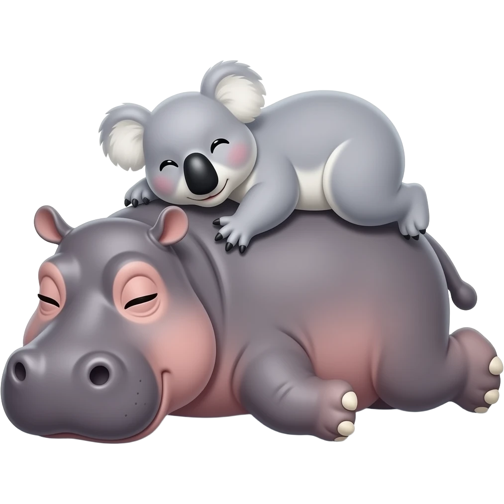 hippo laying down on stomach  with koala on bottom undernesth it with legs wrapped around hippo body hugging emoji