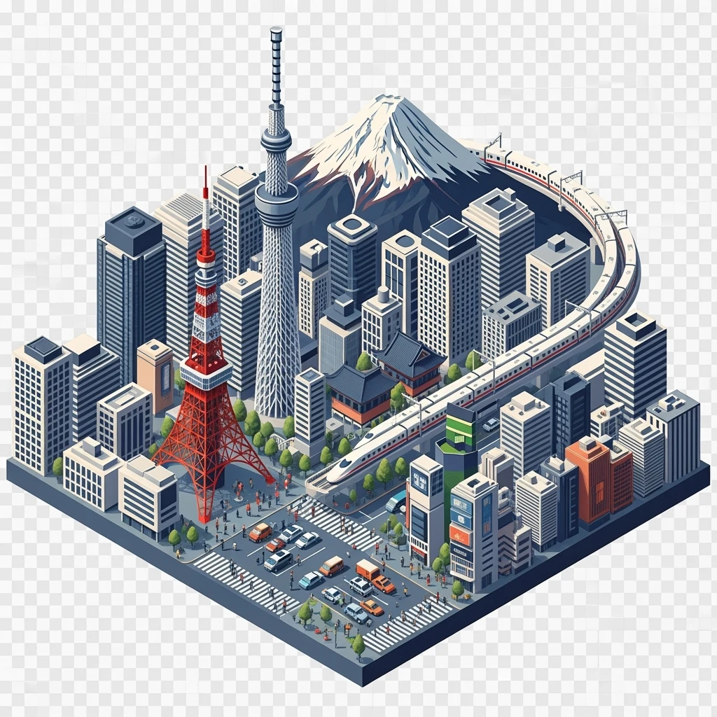 Isometric minimalistic illustration of Tokyo, with Tokyo Tower, Skytree, Shibuya Crossing, Mount Fuji in background, high-speed trains, subtle 3D miniature effect and Tilt Shift effect, no cartoonish look, transparent background. emoji