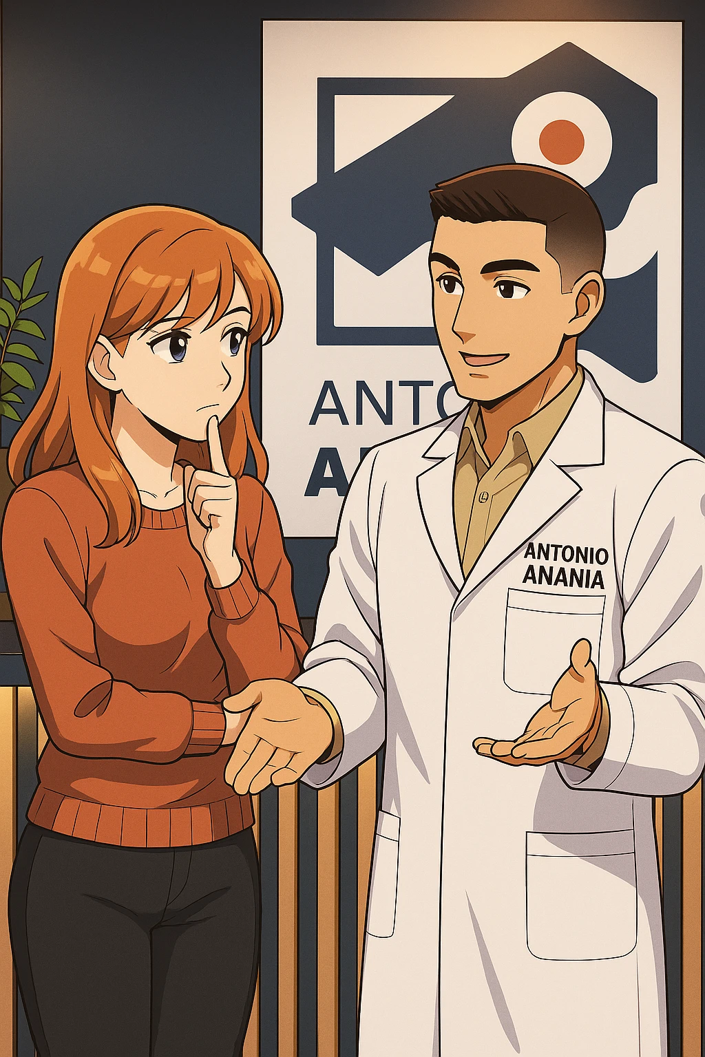 su questo stile fai un manga/webtoon a colori in cui una donna SI TOCCA IL MENTO CON L'INDICE MENTRE ASCOLTA PENSIEROSA L'UOMO, l'uomo della foto in stile manga LE SPIEGA CHE DEVE PROVARE LA SUA VALUTAZIONE MEDICA, mantieni un ambiente simile alla foto che ho allegato con il suo logo (sarebbe il suo studio, lui è un kinesiologo), scrivigli "ANTONIO ANANIA" sul camice bianco, non mettere fumetti, ma fai in modo che sembri che la donna ASCOLTI l'uomo emoji