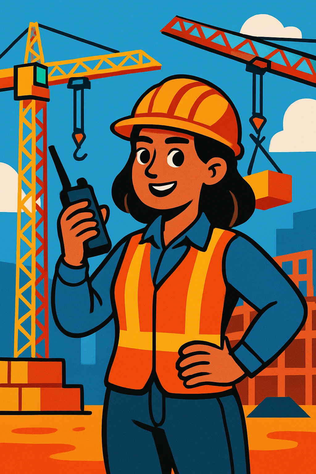 construction project manager woman with helmet walkie-talkie standing in front of cranes vibrant toon style emoji