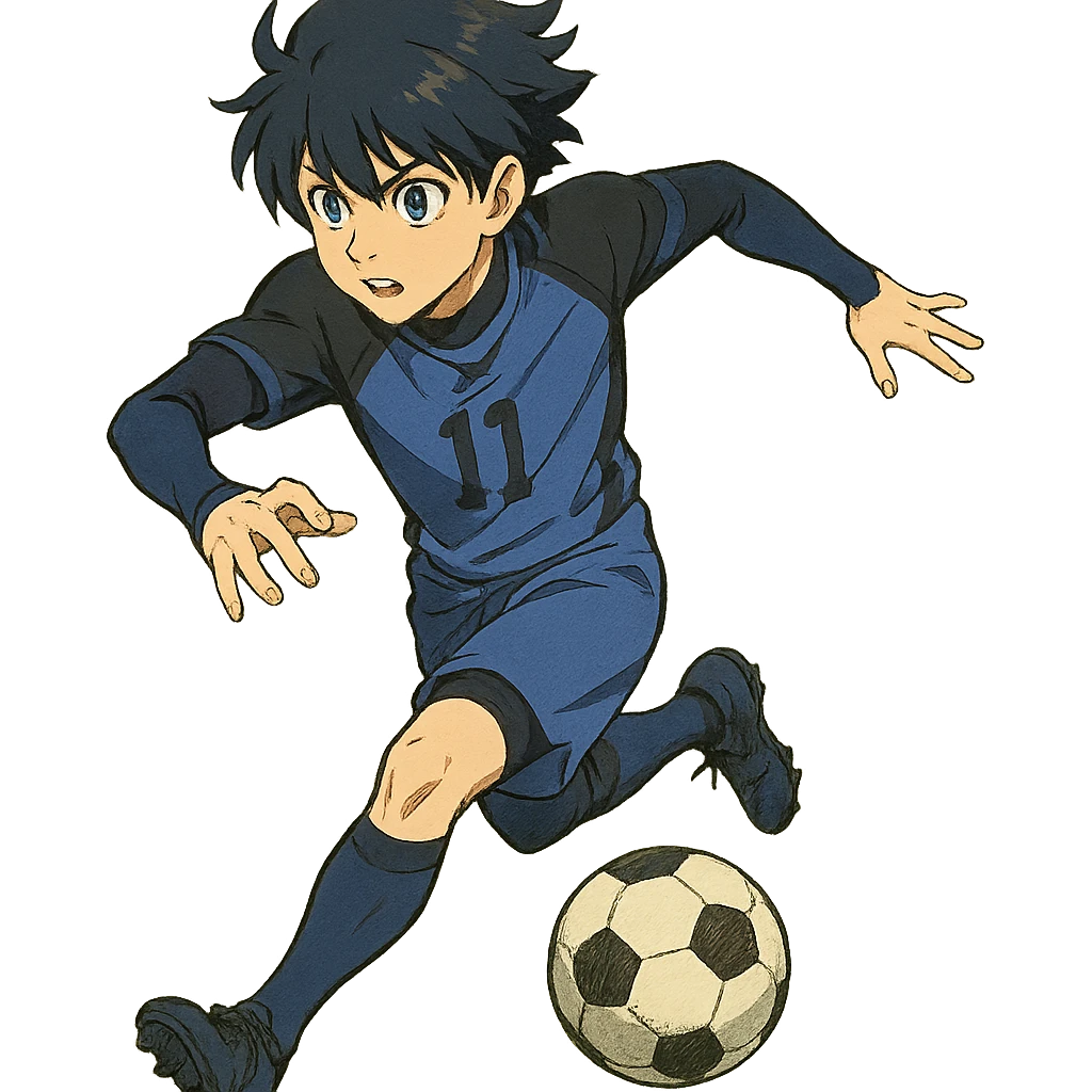 anime soccer player inspired by Blue Lock, dynamic pose, blue and black uniform emoji