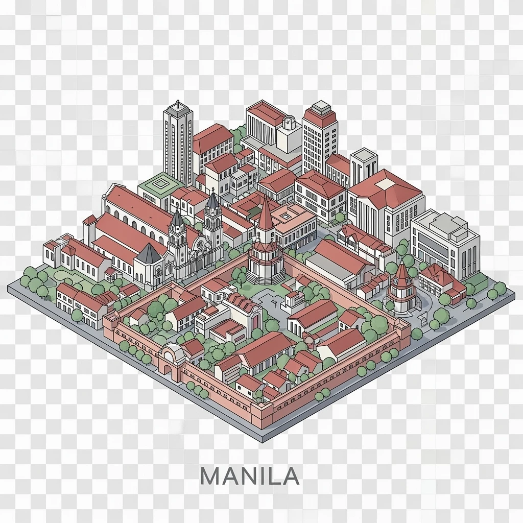Isometric minimalistic illustration of Manila, subtle 3D miniature effect and Tilt Shift effect, no cartoonish look, transparent background. emoji