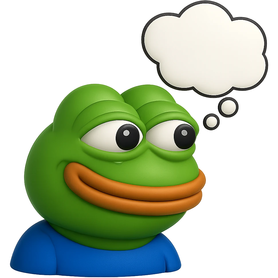 make a pepe in bright green smiling with thought bubble looking at right side in 3d style, good highlights and shadows, drop shadows emoji