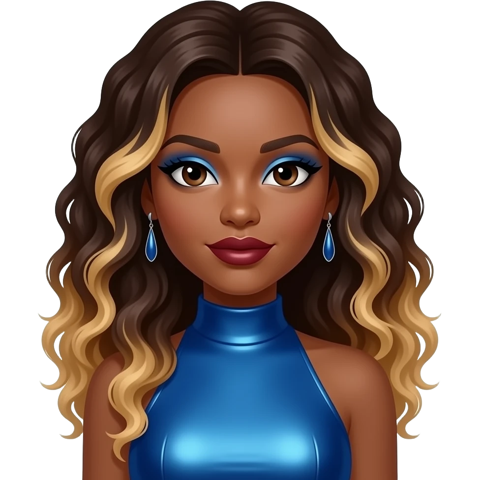 Natina Reed from Blaque with dark brown eyes, long dark brown curly hair with blonde ombre, blue eyeshadow, dark red lipstick, blue metallic high neck dress, earrings emoji