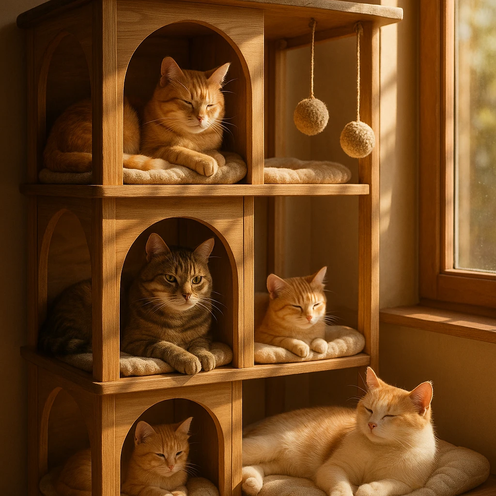 cats relaxing in a vertical playhouse emoji