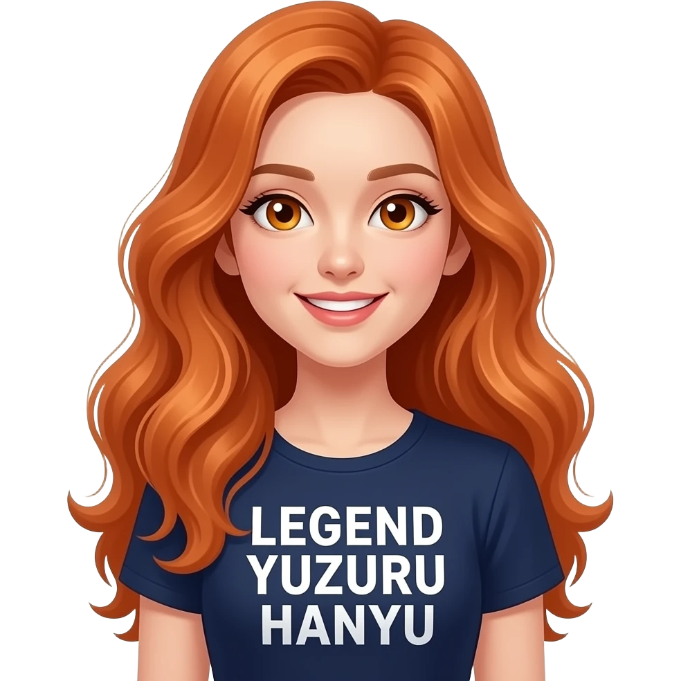 sexy girl with long ginger hair and ginger eyes a top with LEGEND YUZURU HANYU written on it emoji