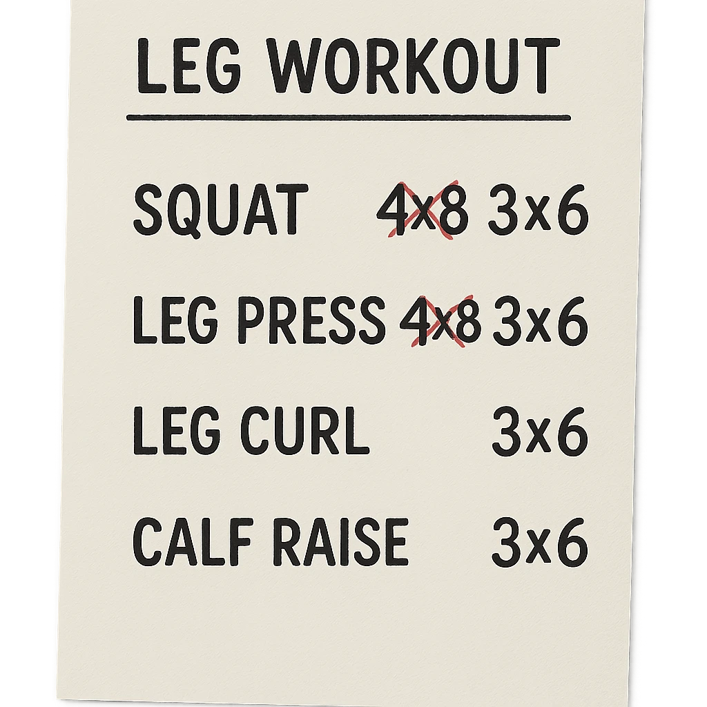 foglio di carta con scheda di allenamento gambe con volume di allenamento ridotto (fai alcuni esercizi con 4x8 scritti in precedenza sbarrati in rosso e la correzione accanto tipo 3x6), scrivila al meglio che puoi emoji