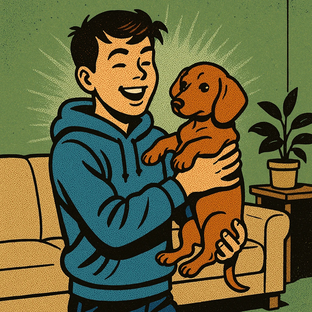 A modern day teenager wearing a blue hoodie with a puppy dachshund in a green living room emoji