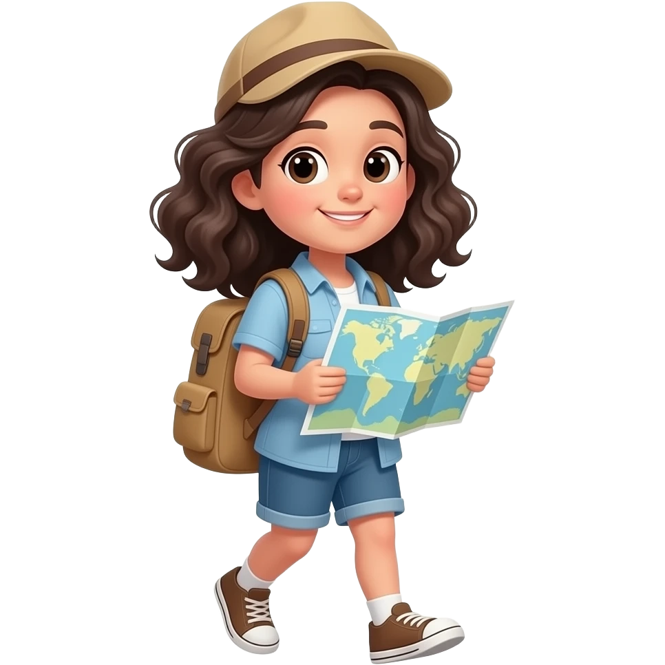 black hair, white skin, wavy hair tourist with maps travelling emoji