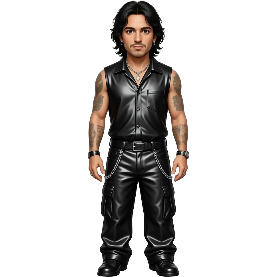 Chino Moreno with black metallic sleeves shirt, black metallic baggy pants with chain, necklace emoji