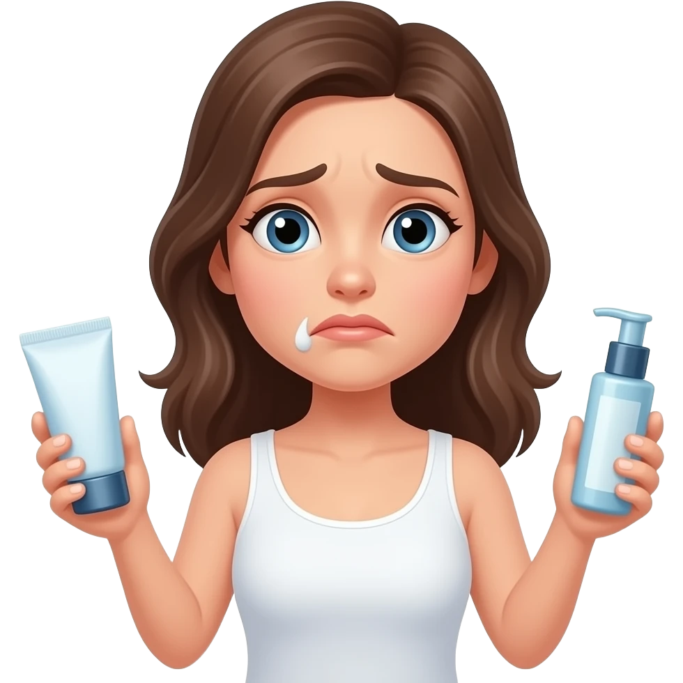 skincare information overload woman with 4 products emoji