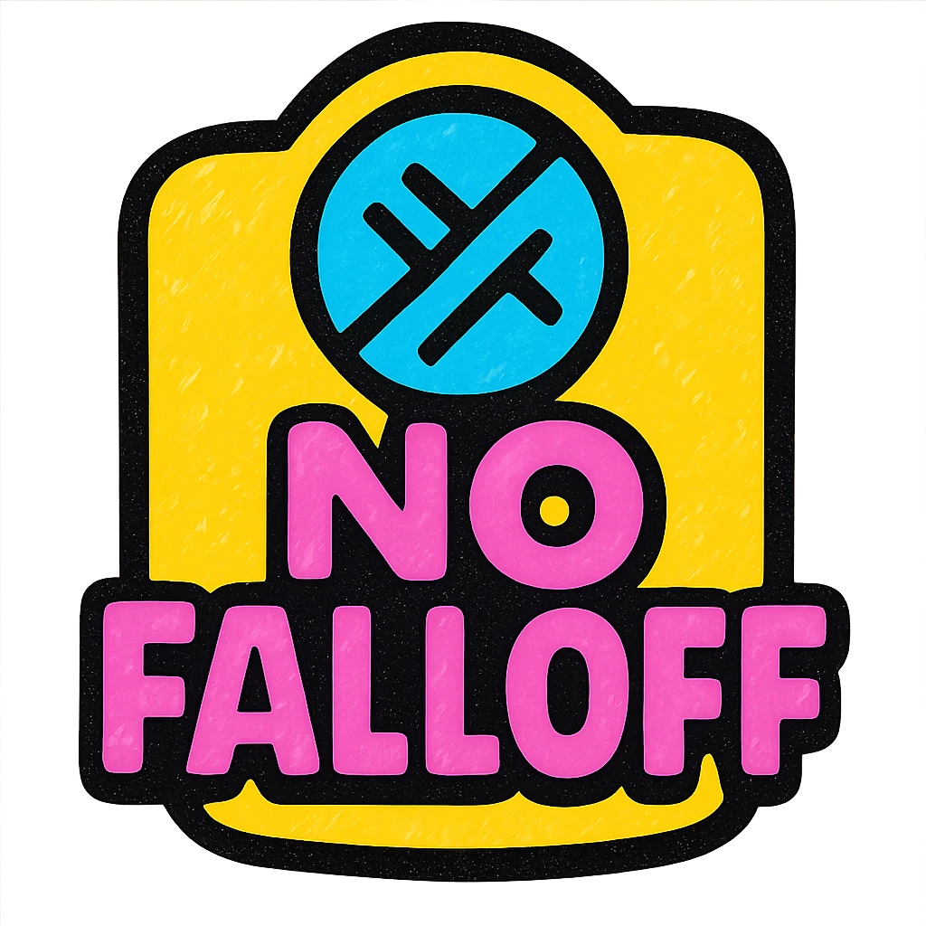 'No Falloff' sign in bold font, clear impactful emoji style emoji