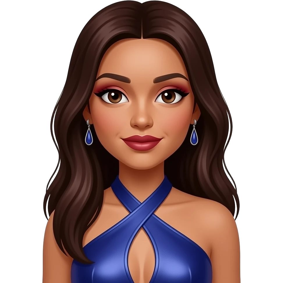 Monica Arnold with medium dark skin, dark brown eyes, long dark auburn straight hair, dark red eyeshadow and lipstick, indigo metallic halter dress, earrings emoji