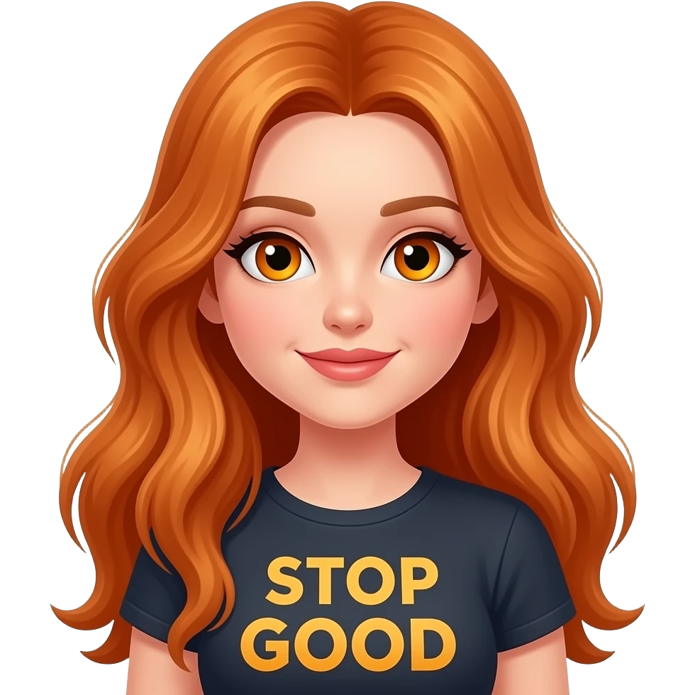 sexy girl with overlong ginger hair and ginger eyes a top with STOP looking so GOOD written on it emoji