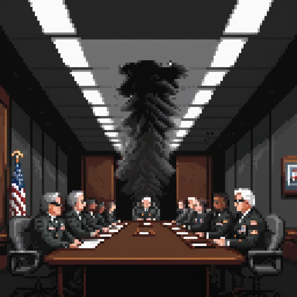 a SNES box art image of PENTAGON officials in a dark smoke filled board room meeting. cutscene graphic - 3/4 side perspective emoji