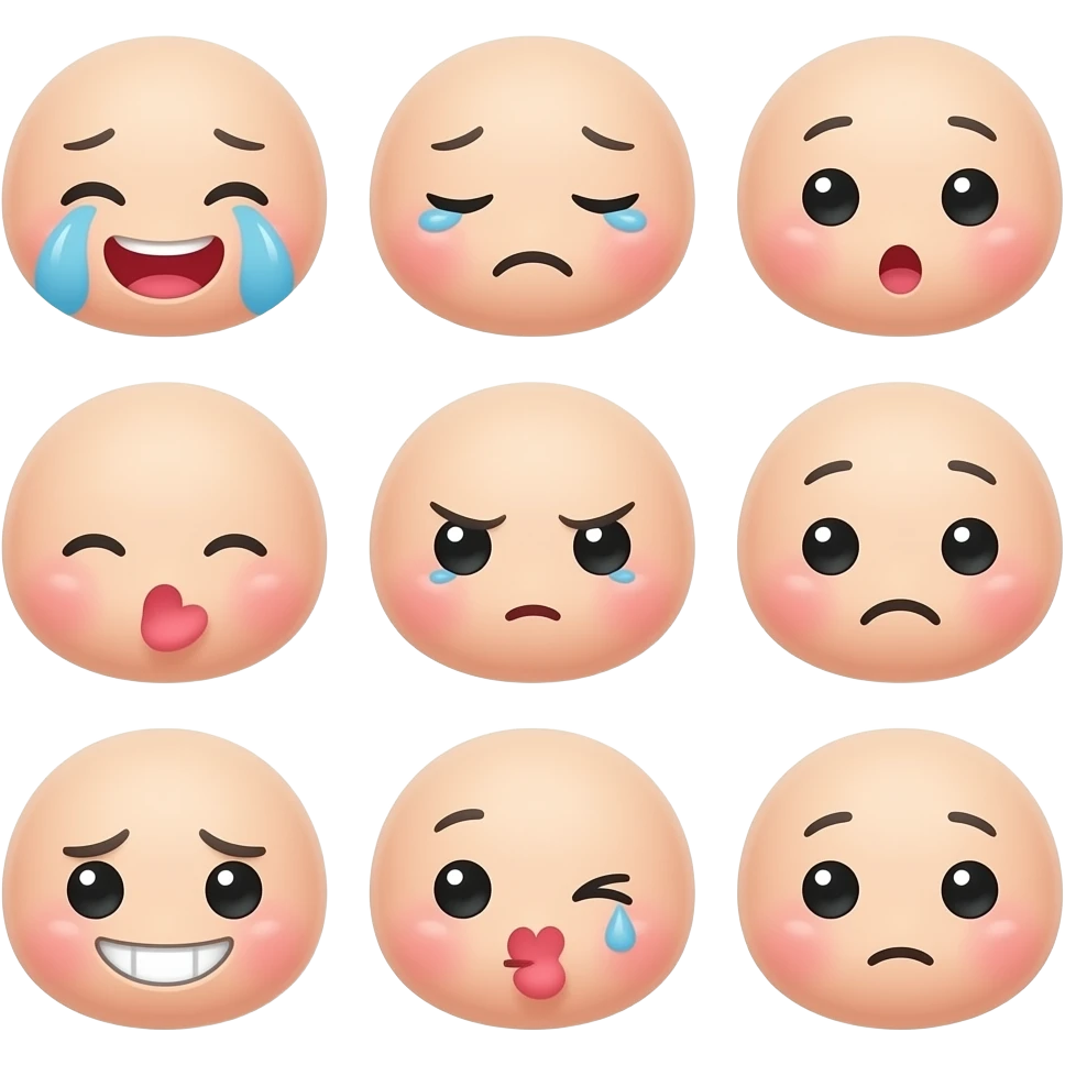 Please Create  Zalo-style  sticker images featuring a cute face. Use a clean and simple background. Include a total of 16 different  expressions:laughing , crying , sleepy, surprised, confused, eating, funny, pouting, expressions and others. emoji