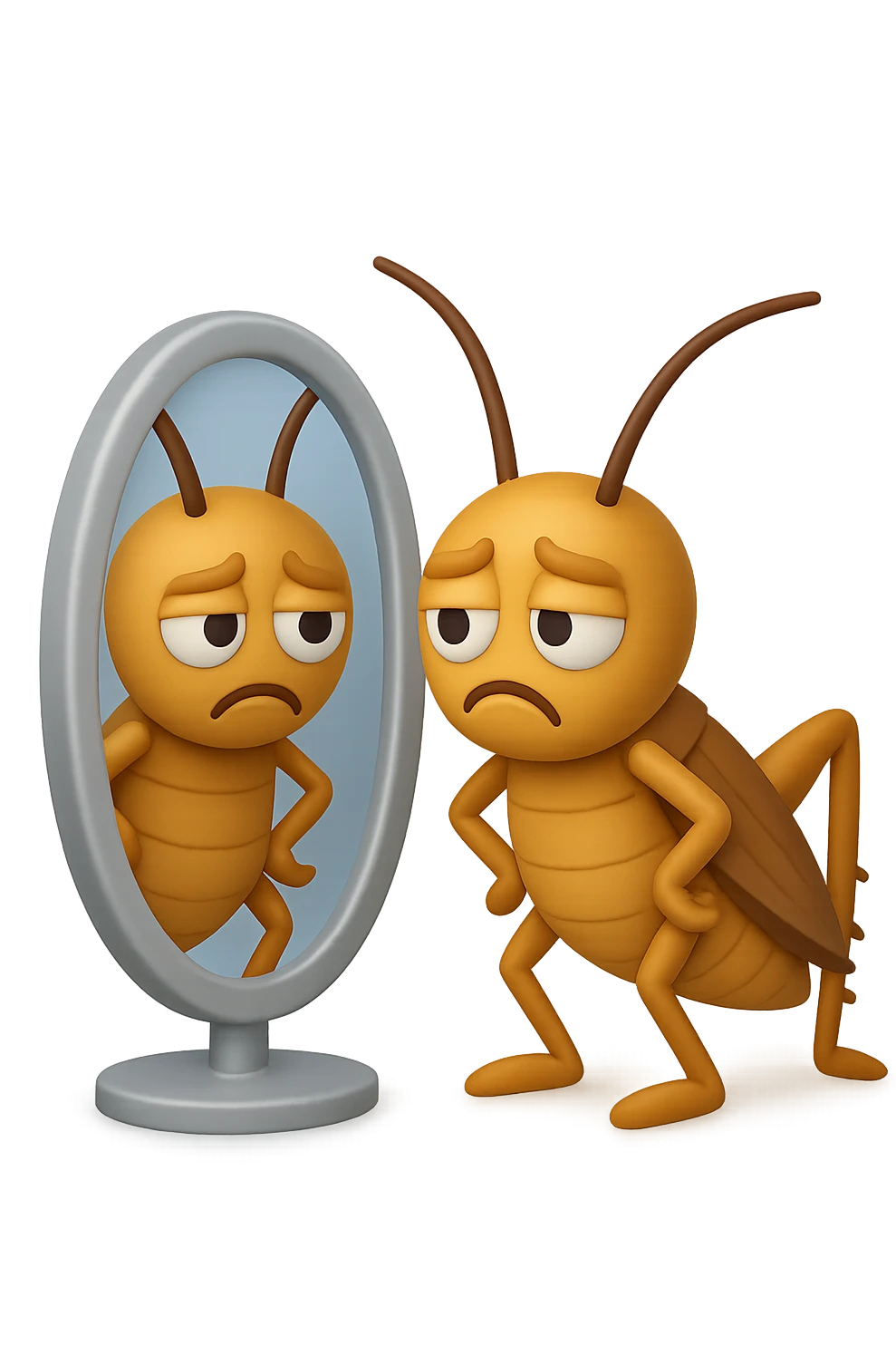 EMOJI STILE IPHONE 3D DI una cicala troste che si guarda allo specchio insoddisfatta del suo fisico, fagli gli occhi bianchi , non solo la pupilla emoji
