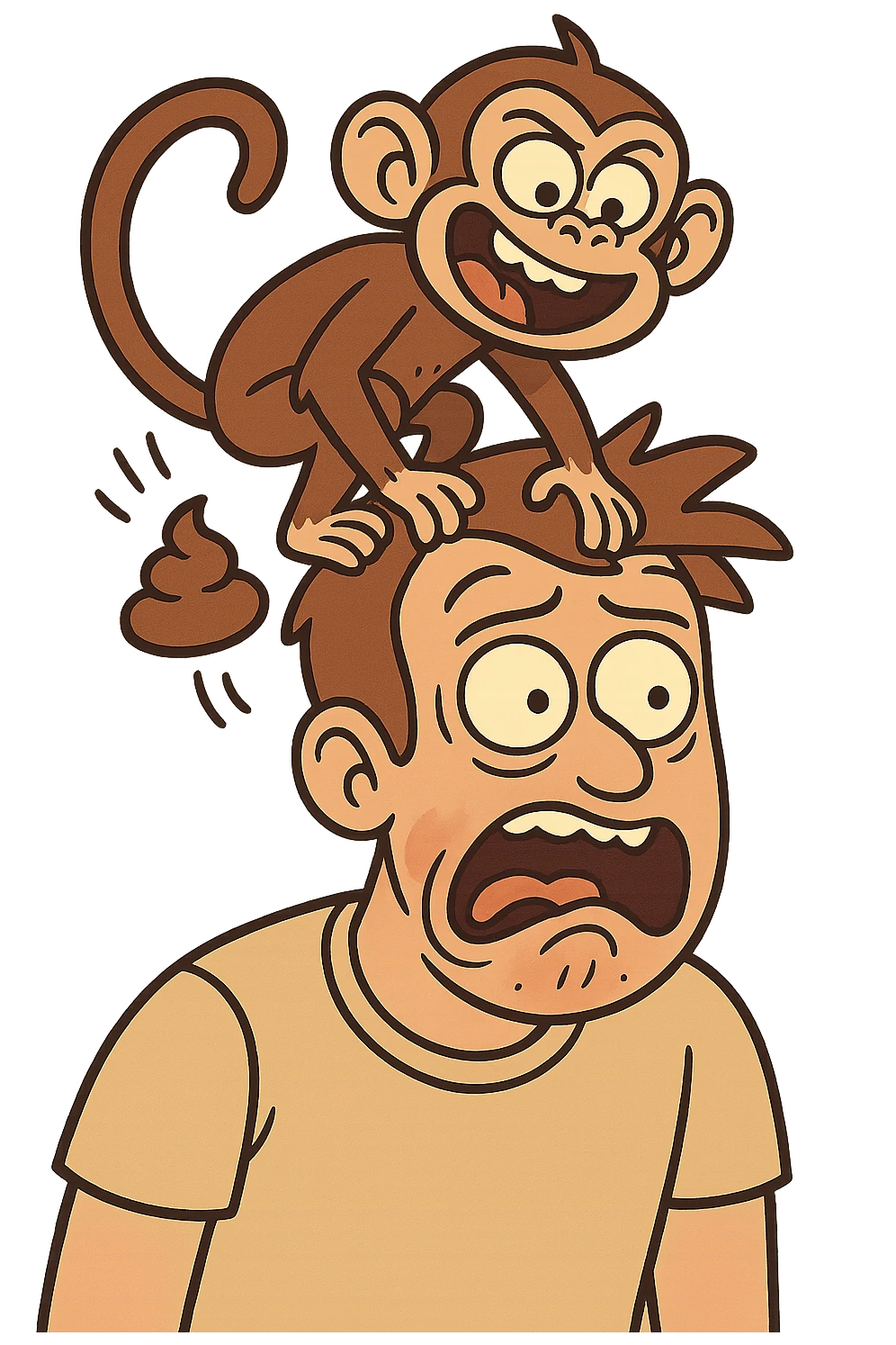 playful monkey sitting on a man's head, dropping poop, exaggerated comic expressions, no background emoji