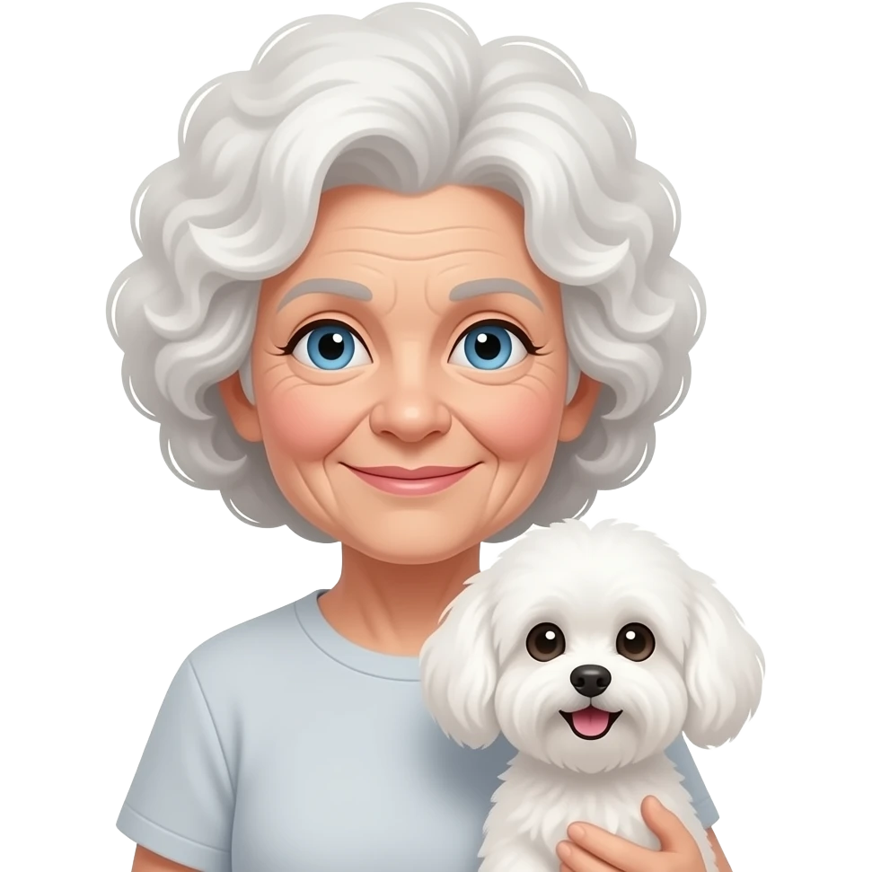 Elderly woman blue eyes very curly hair with maltese dog emoji