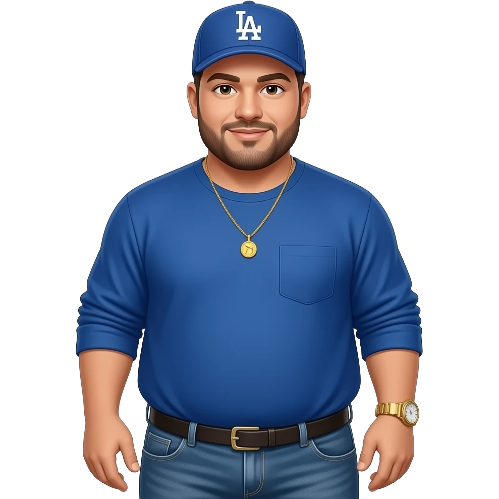 Chubby man with light honey skin tone and lightly shaved black beard wearing a blue Los Angeles Dodgers logo baseball cap wearing a long sleeve blue shirt wearing a gold tennis necklace and a gold wrist watch wearing denim jeans writing emoji