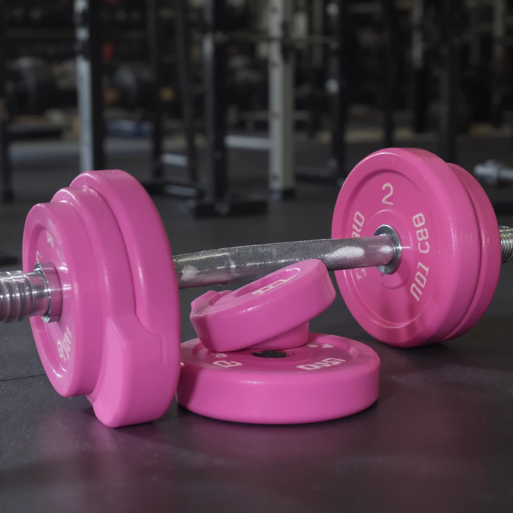 realistic pink barbell and weights, chrome and rubber details, fitness studio background emoji