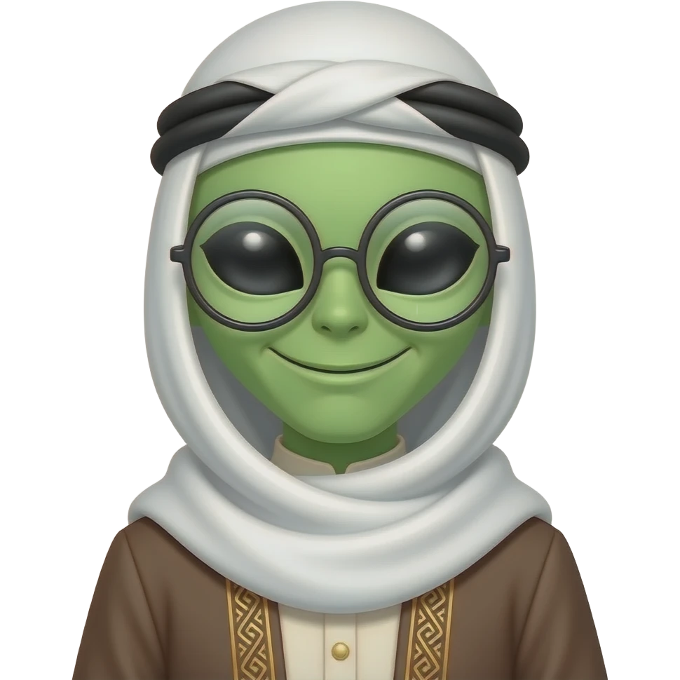 Alien with carrier glasses and Muslim clothing and cool smiley face emoji