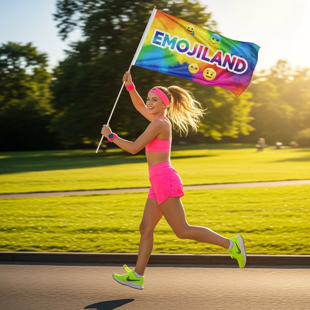 happy runner waving a flag that says 'emojiland' emoji