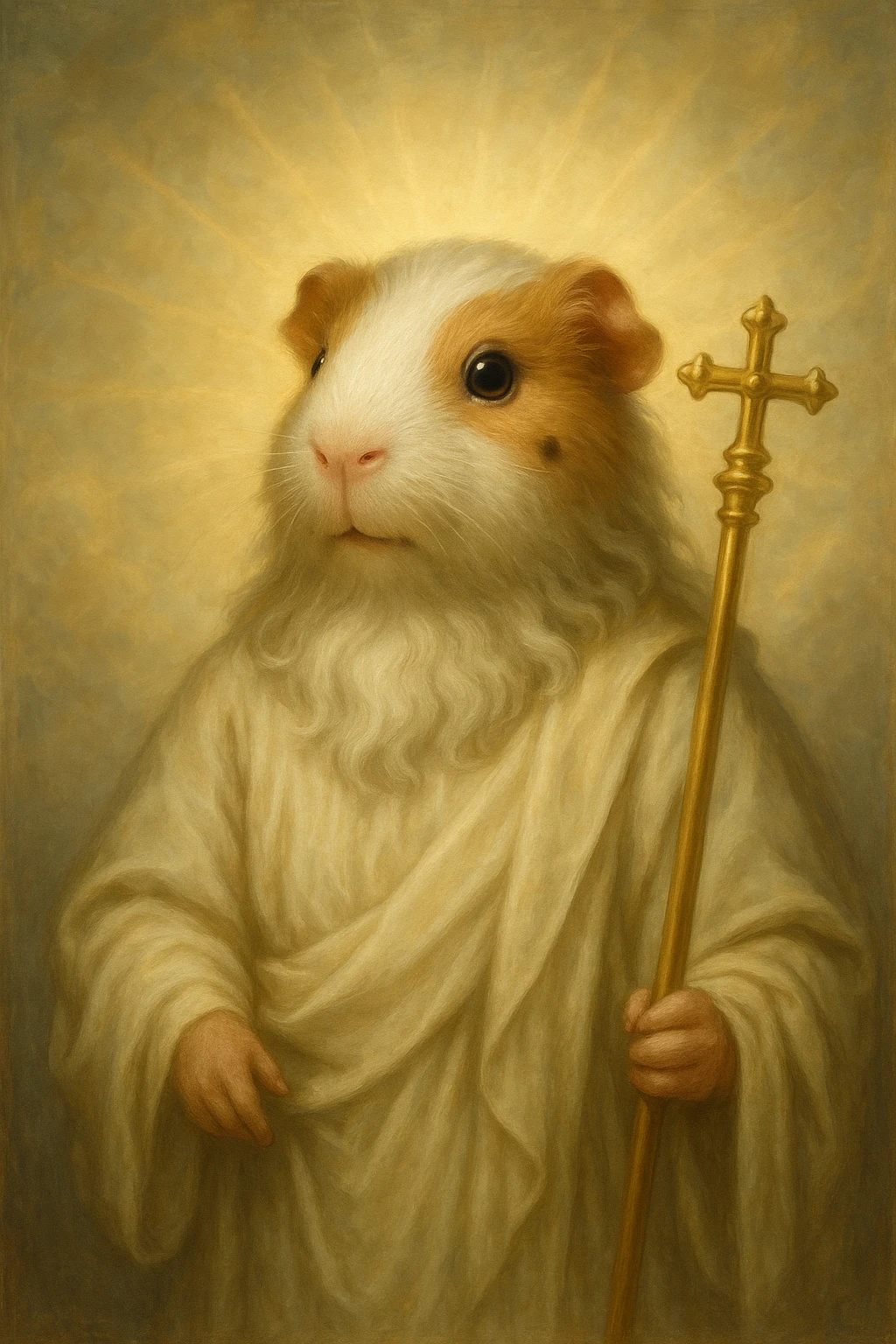almighty guinea pig god with a mole on the left cheek, holding a scepter, majestic and benevolent emoji
