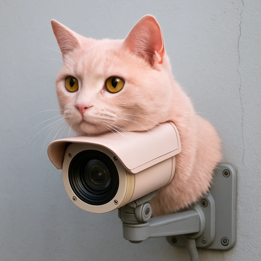 a pink cat designed as a CCTV camera, realistic style, lifelike, modern details emoji