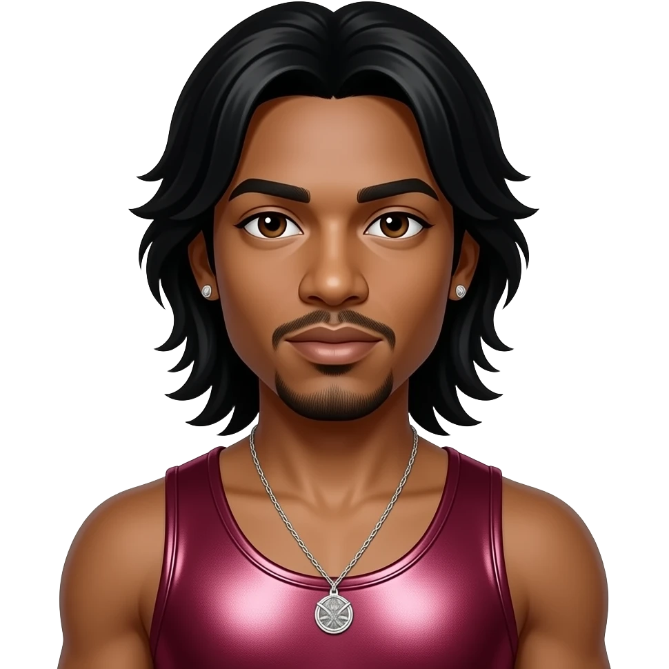Omarion from B2K with dark brown eyes, long black hair, deep red metallic tank top, necklace and earrings emoji