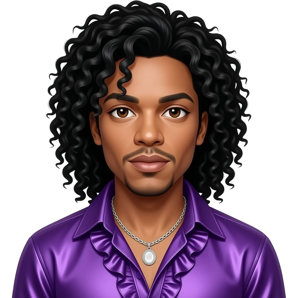 Prince Rogers Nelson with dark brown eyes, long black jerri curl hair, purple metallic ruffle shirt, silver necklace emoji