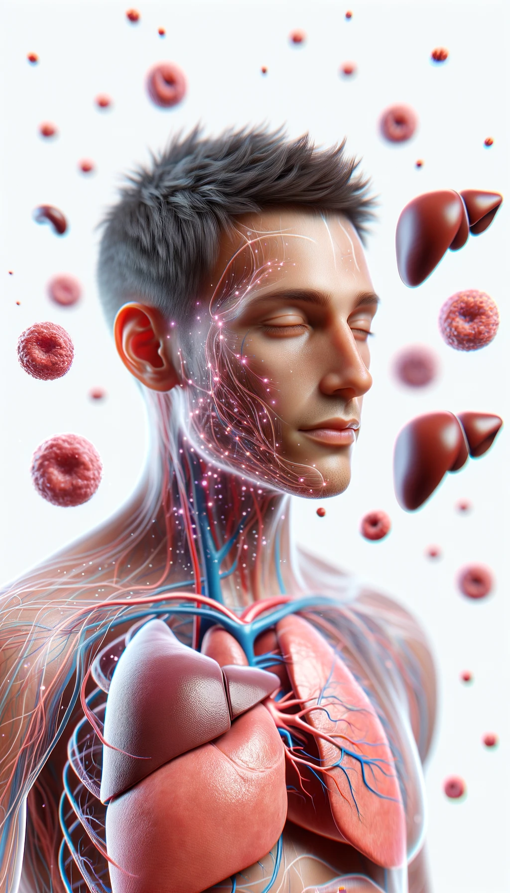 corpo umano anatomico con capelli corti e gli occhi chiusi, intorno a lui fluttuano cellule, fegato in evidenza, ha l'espressione rilassata, visto dal fianco iperrealistica 4k, isolato su sfondo bianco emoji