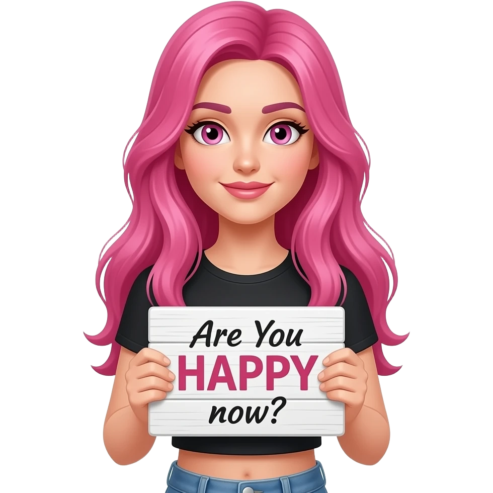 sexy girl with long pink hair and pink eyes holding a Are You HAPPY now? sign emoji