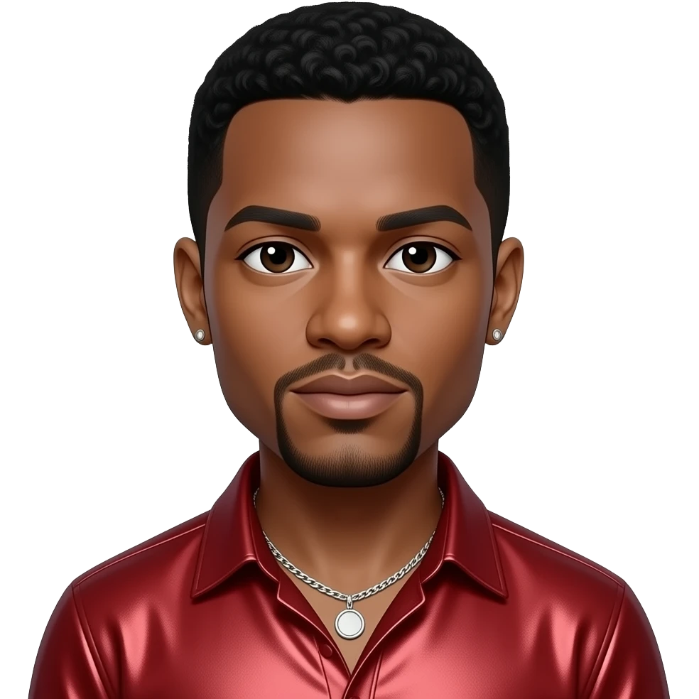 Bobby Brown with dark brown eyes, black hair, red metallic shirt, silver necklace and short earrings emoji