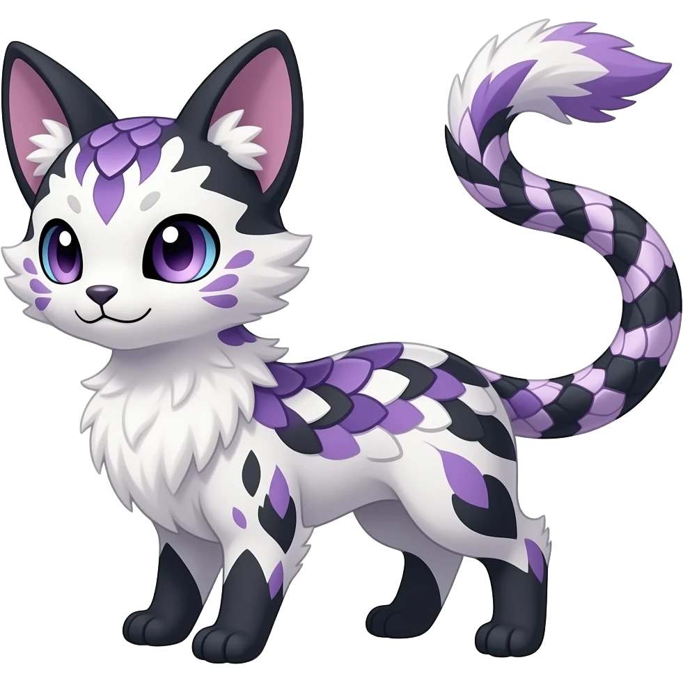 Furry, fluffy tropical flecked painted feathery scaly, Purple, white, black, Minccino-Bambino-Lykoi-Linoone-Zangoose-fusion-hybrid-animal-Fakémon-creature, full body, thin long sleek scaly tail, intricate markings emoji