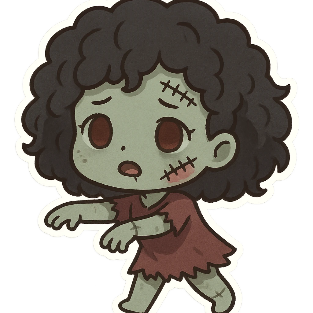 girl zombie with curly black hair, stitched face, cartoon style emoji