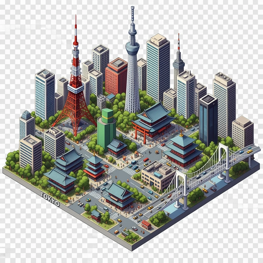 Isometric illustration of Tokyo,  detailed miniature cityscape with its most iconic landmarks and urban views, hand-drawn painterly style, slightly stylized but recognizable architecture, balanced colors, subtle 3D miniature effect, no cartoonish look, transparent background. emoji
