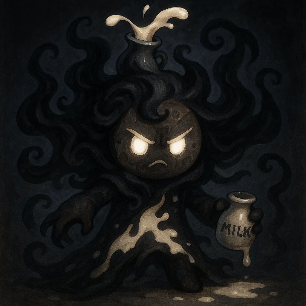 Shadow Milk Cookie, a mysterious cookie character with dark, shadowy swirls, glowing eyes, and a milk motif emoji