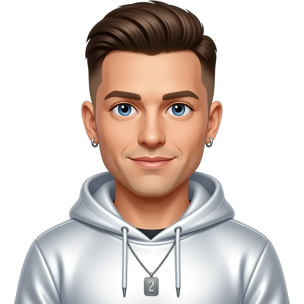 Brian Harvey from East 17 with blue eyes, brown buzz cut hair, white metallic sweatshirt, necklace and earrings emoji
