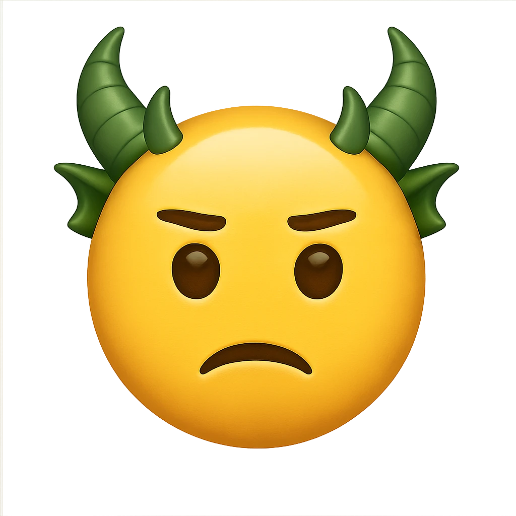 yellow face with green dragon horns emoji, digital illustration emoji