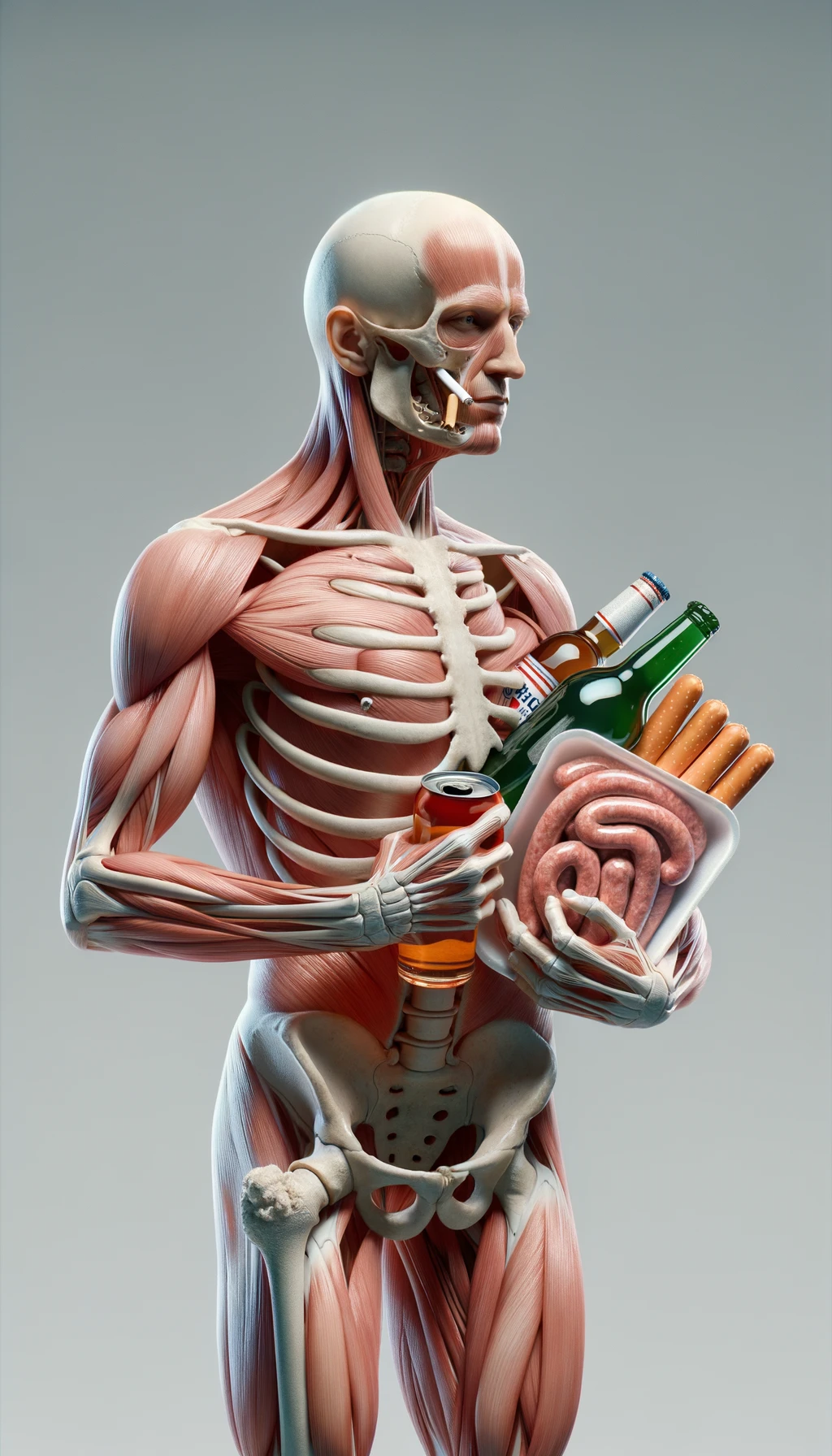 CORPO UMANO ANATOMICO CHE TRA LE BRACCIA SIGARETTE, ALCOL E WURSTEL CONFEZIONATI, LI GUARDA CON ESPRESSIONE INDECISA IN VOLTO, NEUTRAL CLEAR BACKGROUND, iperrealistico 4k emoji