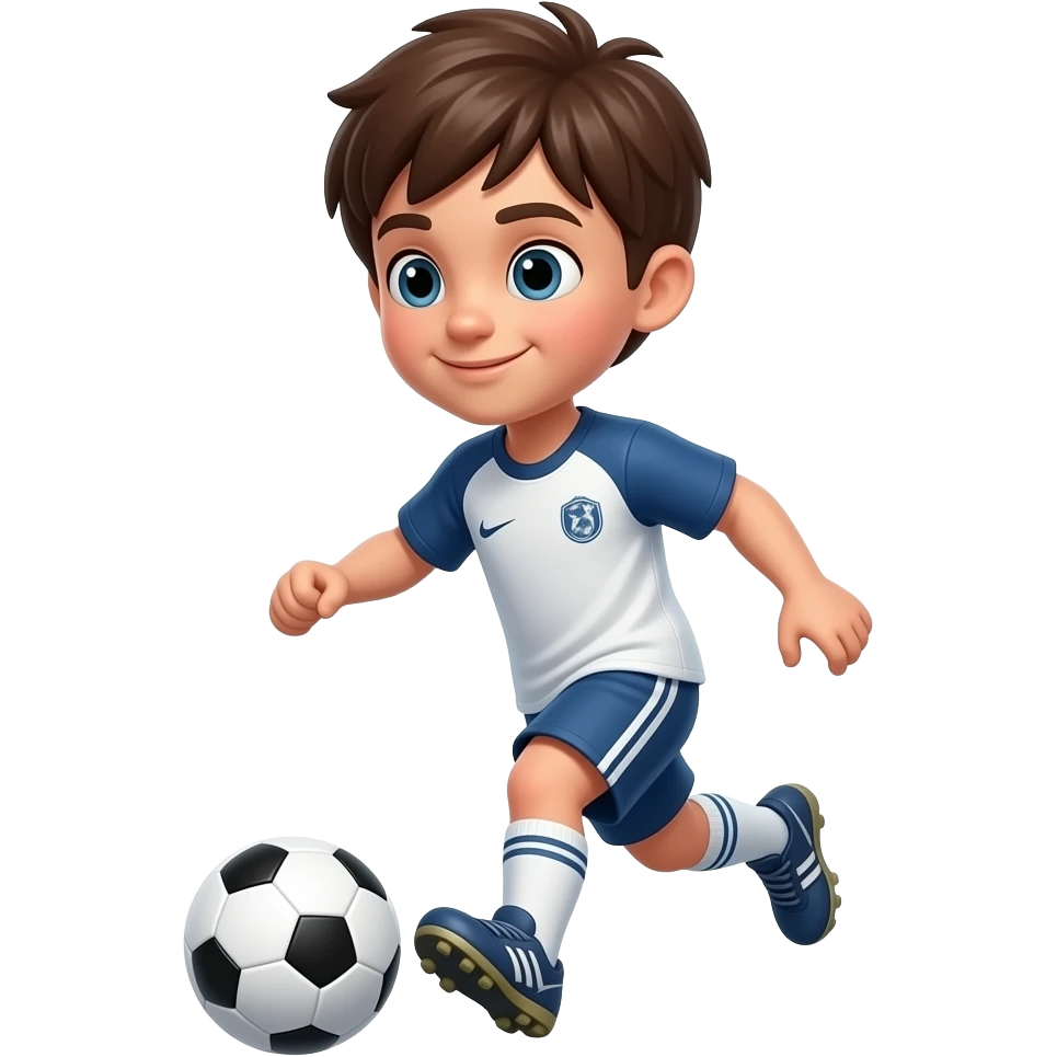Brown hair boy playing soccer with a white skin tone emoji