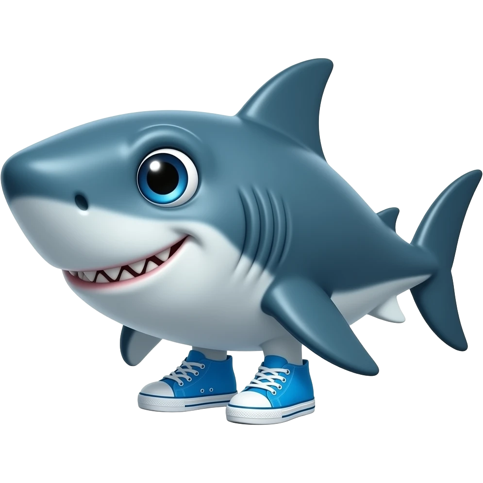 a shark with a sleek blue body, big expressive eyes, and a slightly goofy grin. wears bright blue sneakers, giving him a funny, cartoonish vibe with a mix of cool and absurd energy he dose not stand like a human but like a dog he has 3 blue sneakers 1 at the bake 2 under his fins emoji