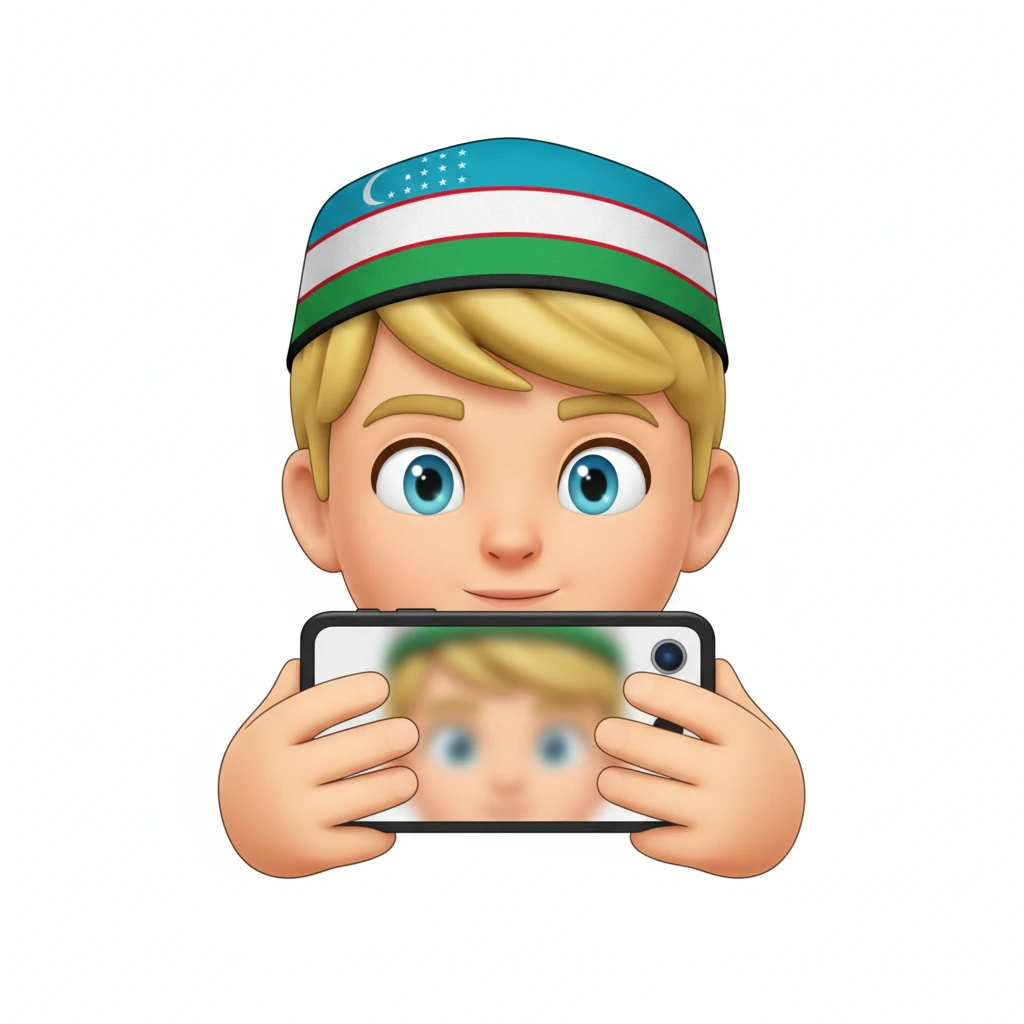 нарисуй эмоджи человека блондина  фотографирующего себя на телефон, эмоджи сделай более реалистичной, на голове должна быть узбекская тюбетейка в цветах узбекского флага, обрати внимание на глаза и количество пальцев у человека, без фона emoji